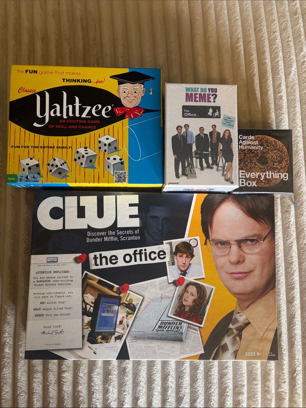 The Office Clue Board Game Yahtzee Cards against Humanity and What Do You Meme